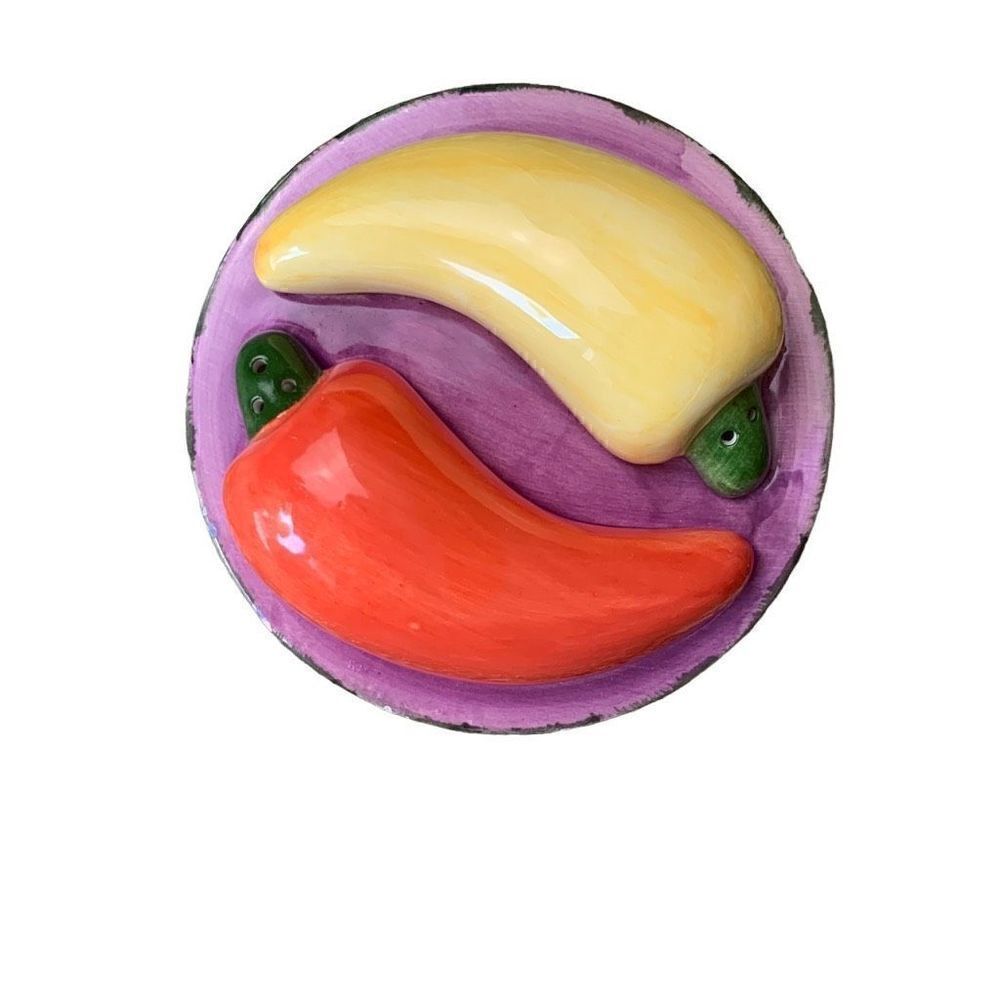 Ceramic Chili Peppers Salt and Pepper Shakers with Art Deco Base